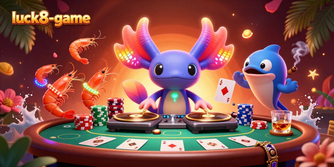 Engage in the lively atmosphere of luck8-game with a vibrant axolotl DJ and poker action.