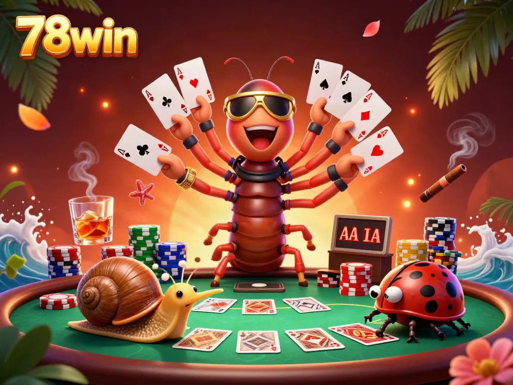 Experience the thrill of 78win gaming with colorful characters at a dynamic poker table.