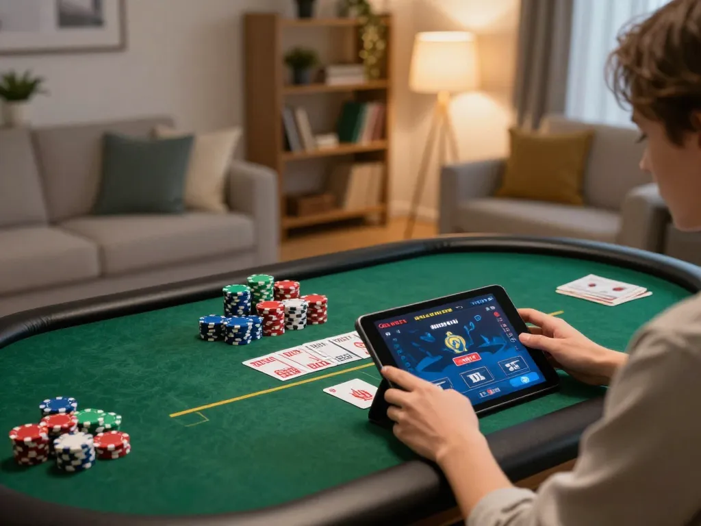 Engaged player enjoying online gaming at home with okwin68 app on tablet, vibrant setup