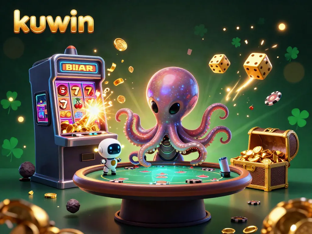 Experience the excitement at Kuwin with a 3D alien octopus hosting a poker game, surrounded by vibrant casino elements.