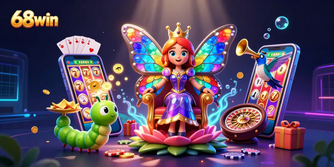 Experience vibrant slots gameplay at 68win within a dazzling casino scene featuring unique characters.