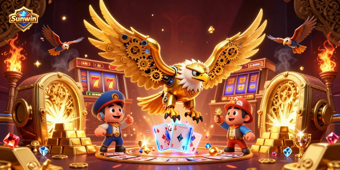 Sunwin offers thrilling gaming experience with stunning visuals of a cybernetic eagle diving through holographic cards.