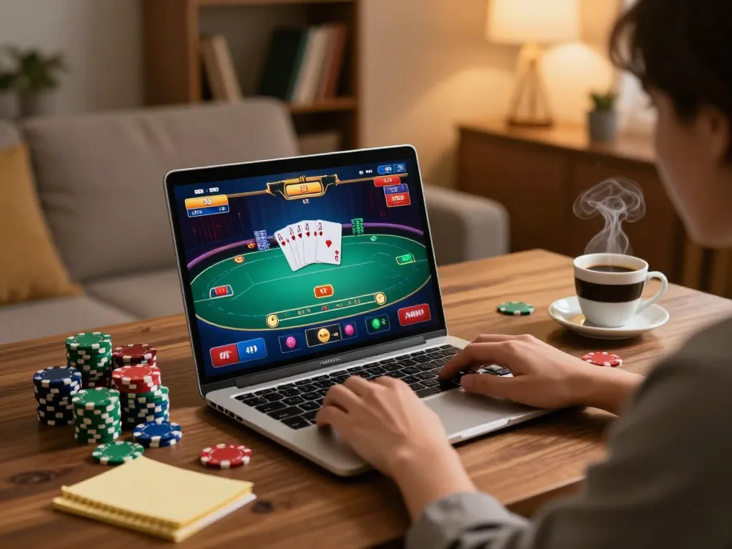 A person playing poker online at home with ALO8, showcasing vibrant game interface and cozy atmosphere.