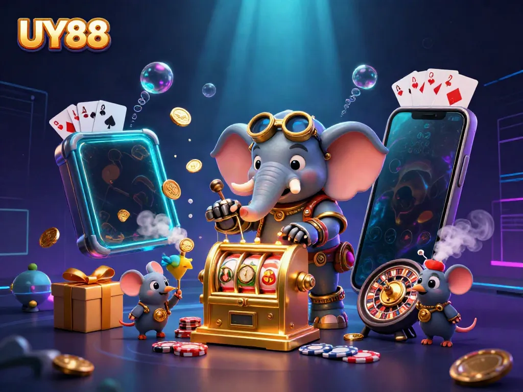 Experience the immersive world of UY88 with a cartoon steampunk elephant operating a vibrant slot machine in a lively casino scene.