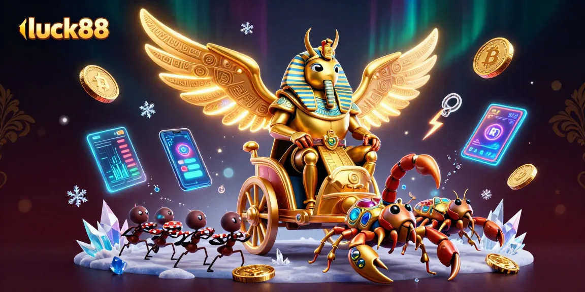 Experience luck88's vibrant gaming universe with a colossal scarab beetle and animated casino elements.