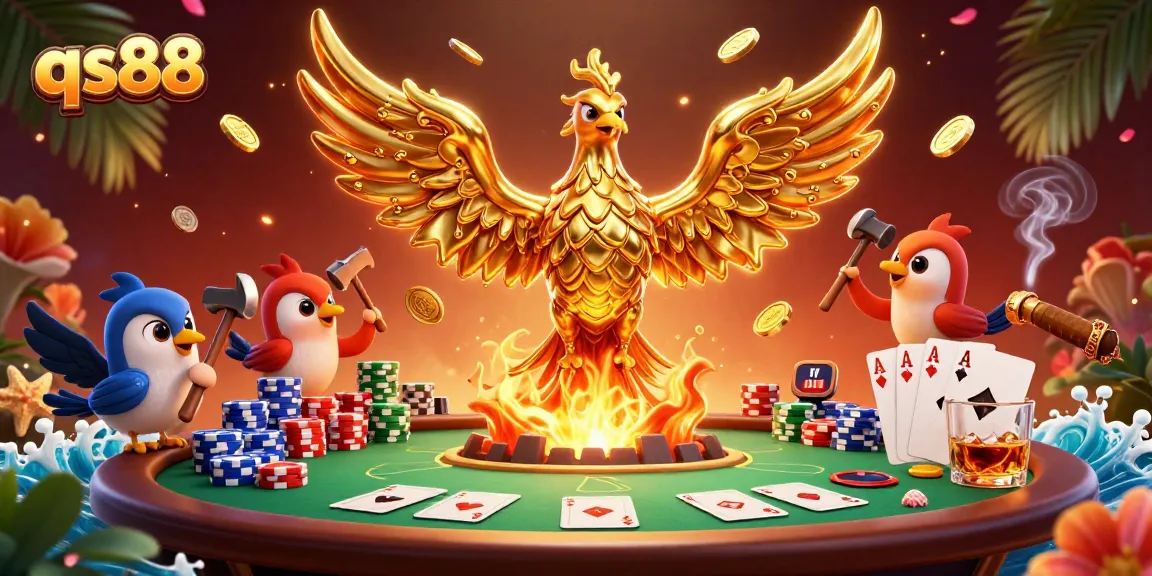Engage with qs88's thrilling casino experience, featuring golden phoenix and poker table action.