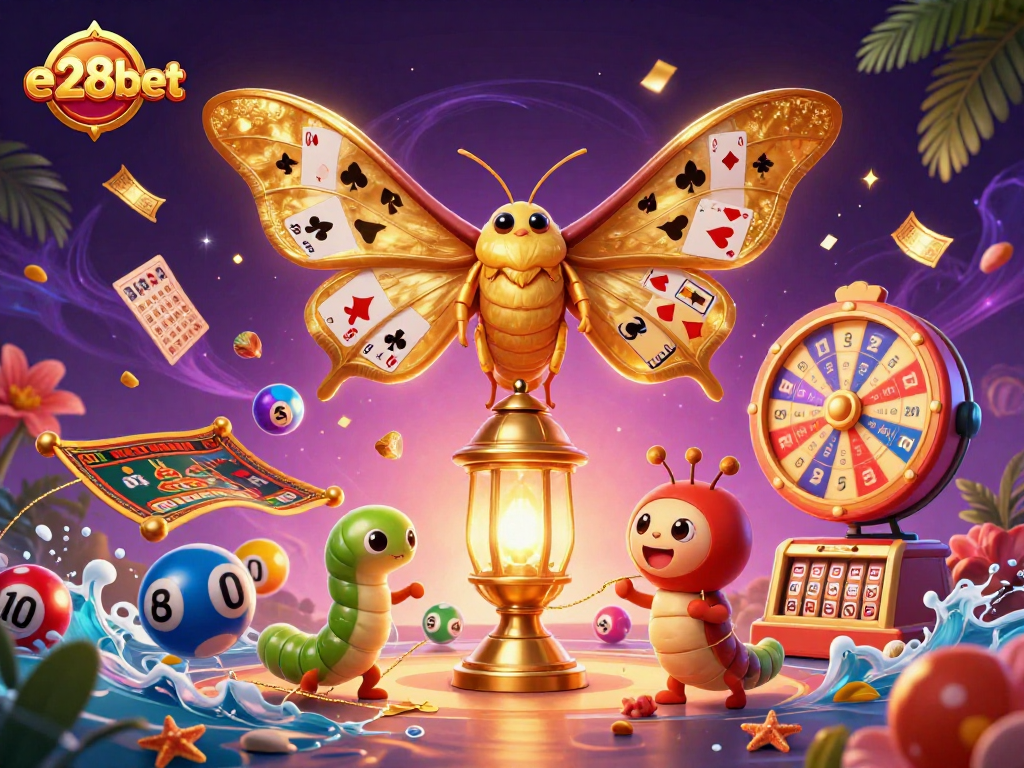 Experience the excitement of e28bet with lively lottery balls and a majestic moth in a vibrant casino scene.