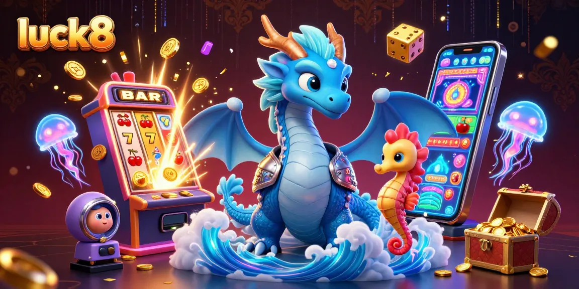 Experience the thrill of luck8 with a vibrant dragon and seahorse in a dynamic casino scene.