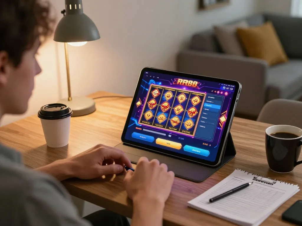 Player using the RR88 app on tablet for engaging online gambling experience at home