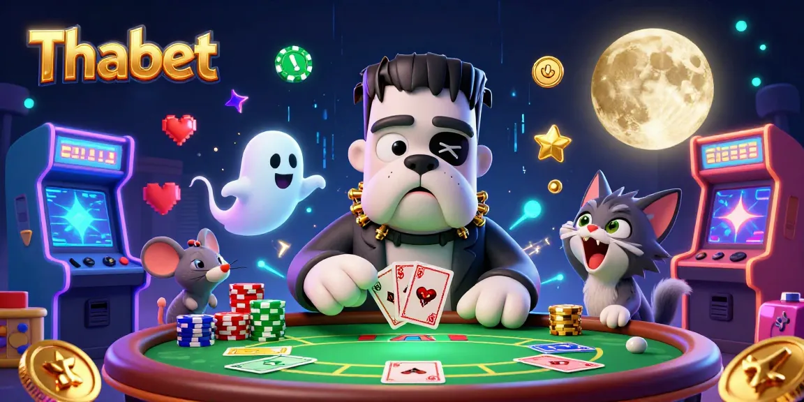 Engage with Thabet's thrilling poker scene featuring a Frankenstein bulldog and a ghost mouse.