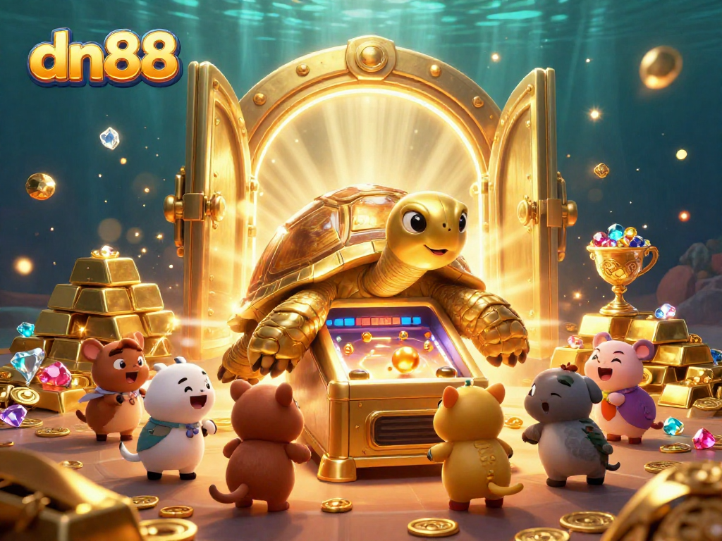 Play and win at dn88 with vibrant 3D gambling-themed illustration bursting with treasure and excitement.