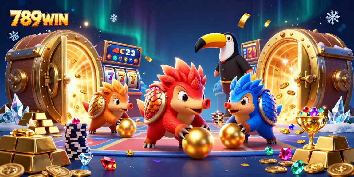 Watch 789WIN pangolins bowling through poker chips in a dazzling casino scene.