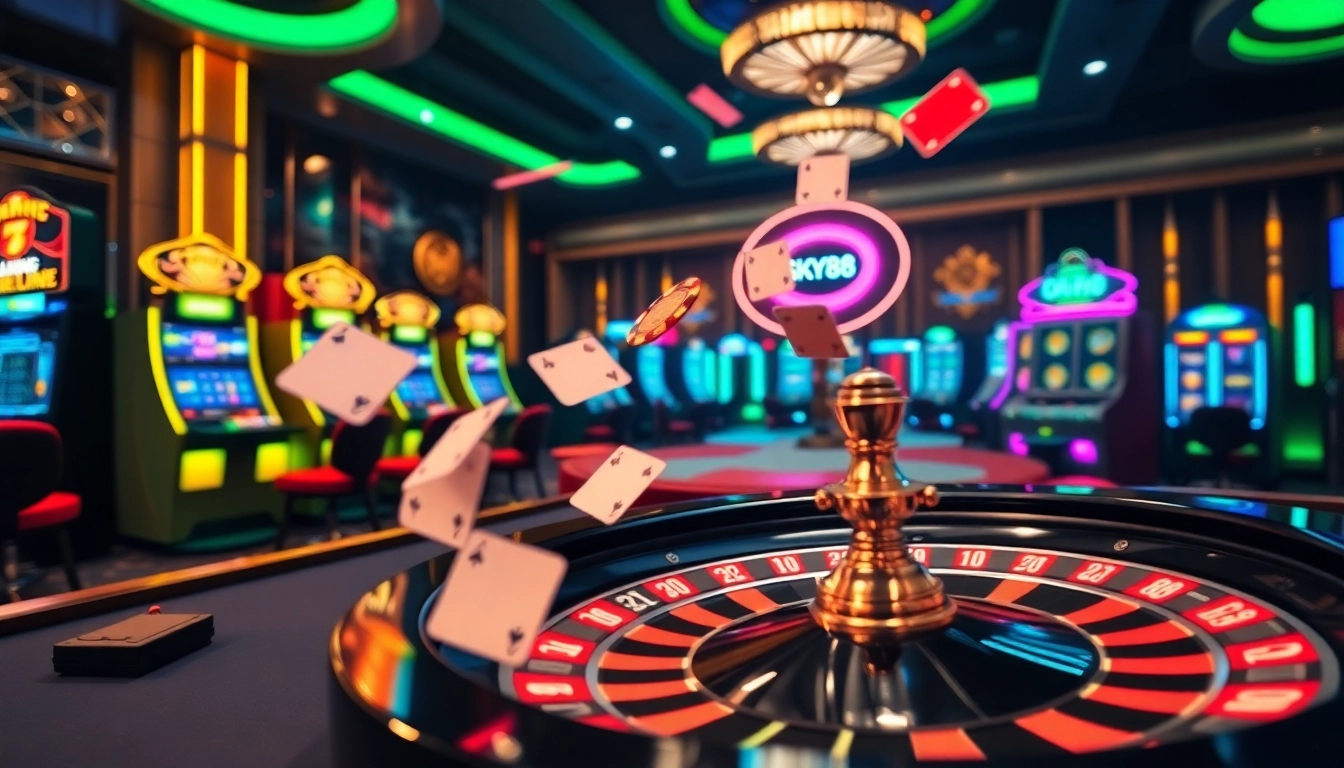 Exciting betting action at nhà cái SKY88 with vibrant poker chips and roulette wheel.