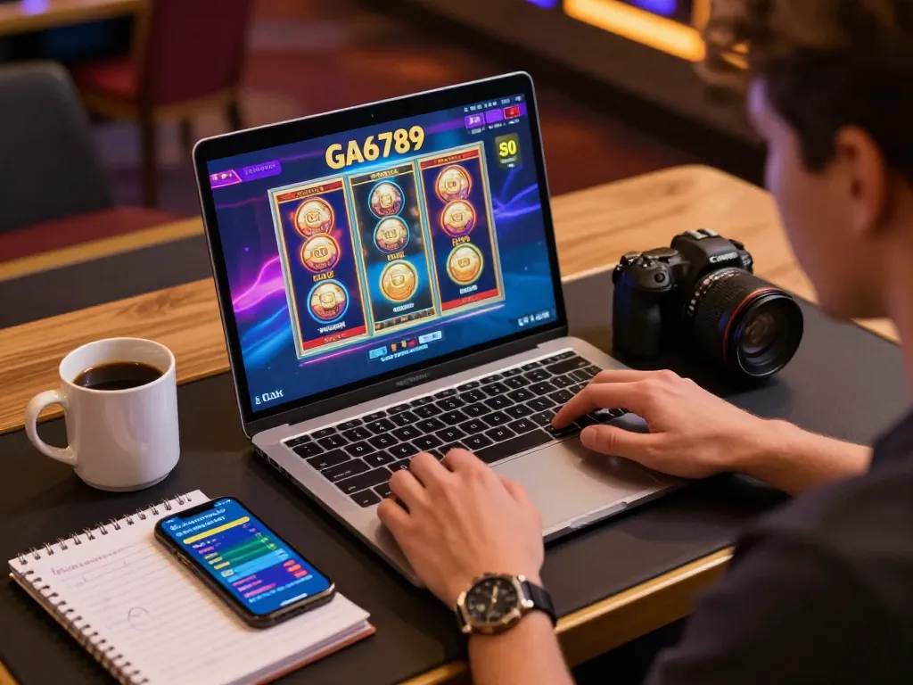 Engaging in GA6789 online casino gaming, person focused on live slot interface with strategic notes.