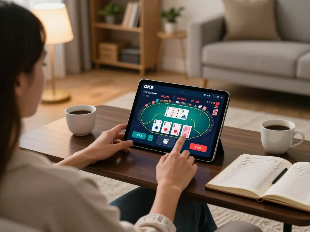 Engaging home poker gameplay on the OK9 app, showcasing a cozy atmosphere with strategy notes.