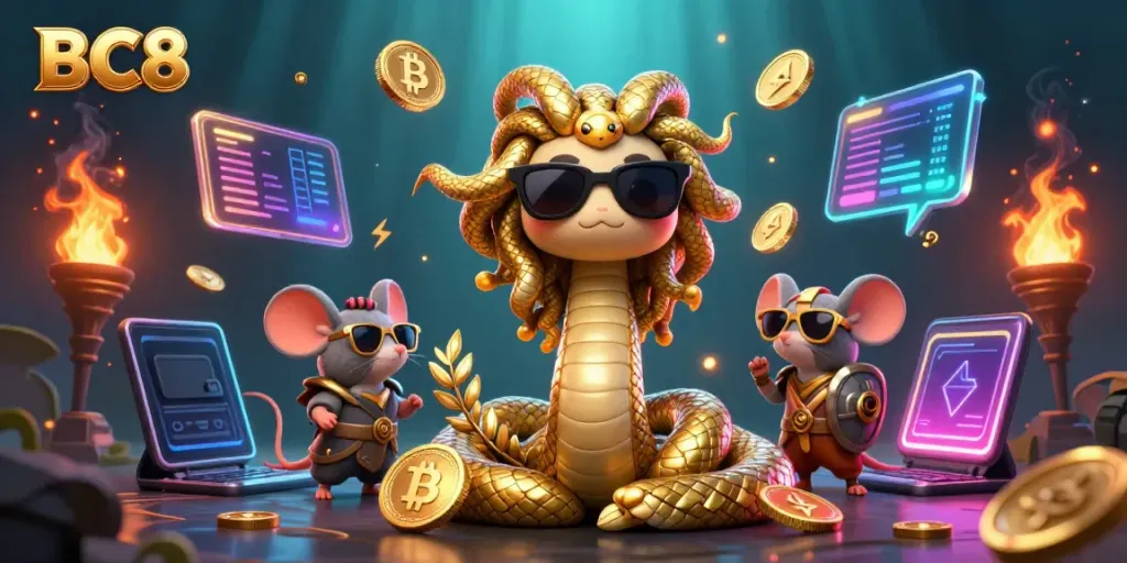 Engage with the vibrant BC8 casino scene featuring playful characters and crypto elements.