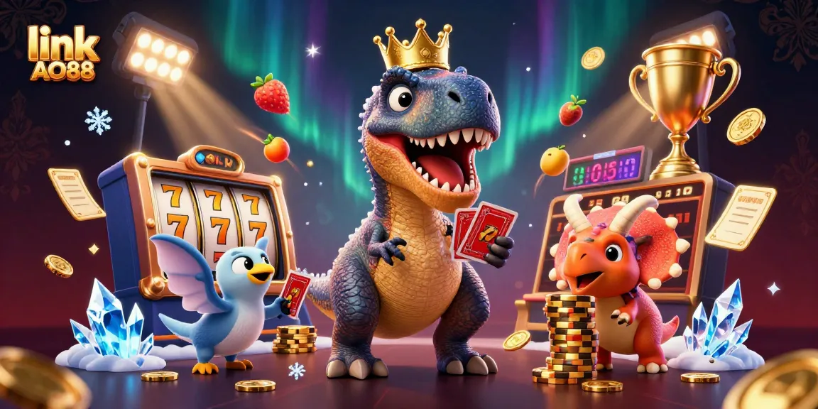 Bet on link AO88 with this vibrant 3D illustration of animated dinosaur characters in a casino setting.
