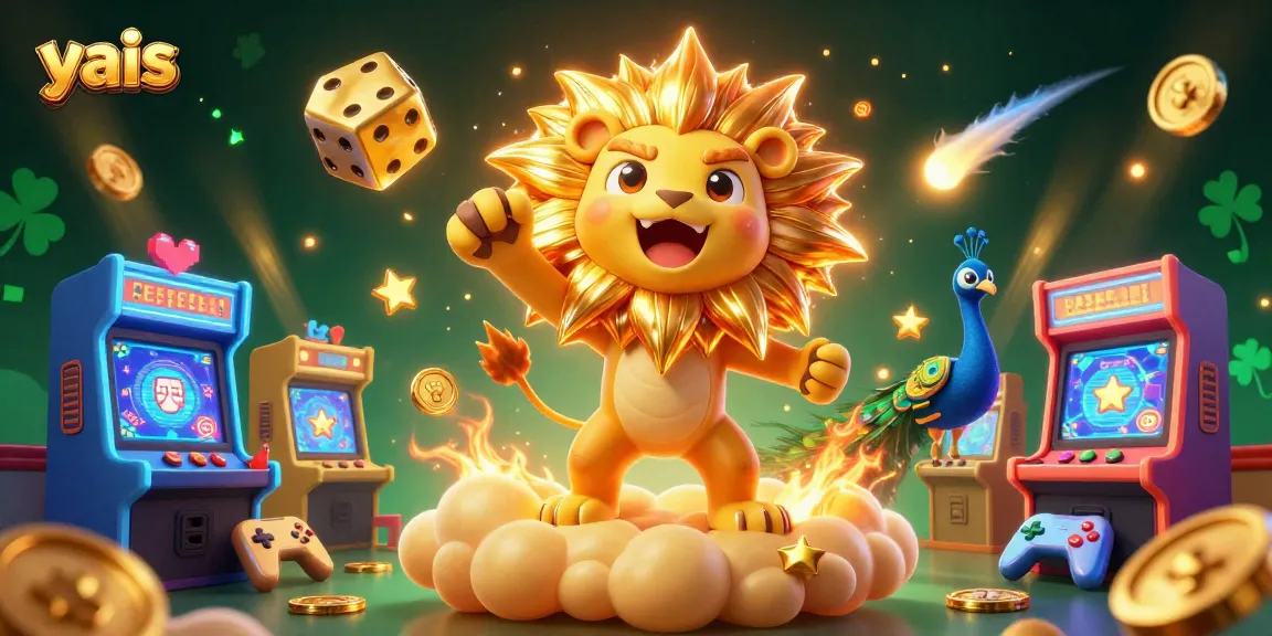 Play at yais by exploring vibrant games with a playful sun lion and sparkling golden elements.