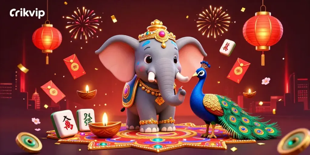 Experience the excitement of rikvip with a vibrant 3D casino-themed illustration featuring a dynamic elephant and peacock.