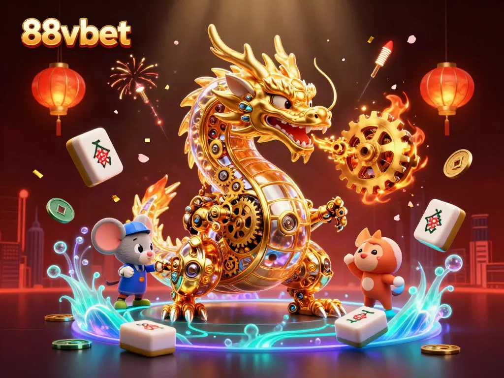 Engage with the excitement of 88vbet as a golden dragon unleashes cogs and coins in a vibrant online casino.