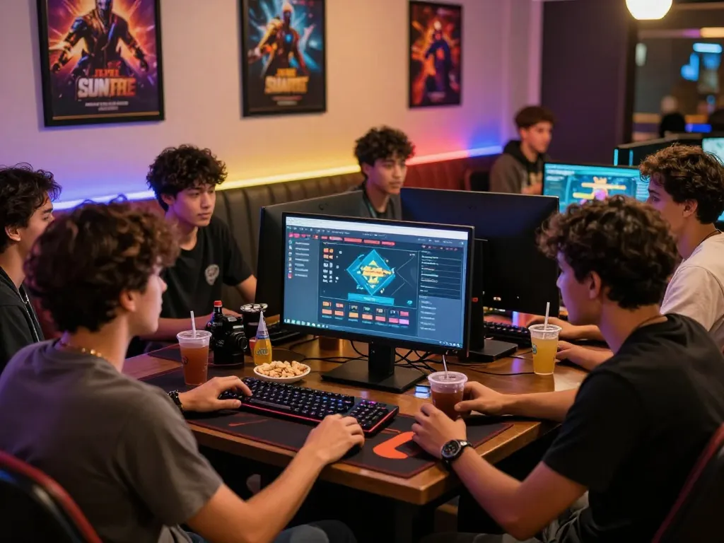 Friends enjoying a lively gaming session on Sunwin platform, showcasing a colorful online betting atmosphere.