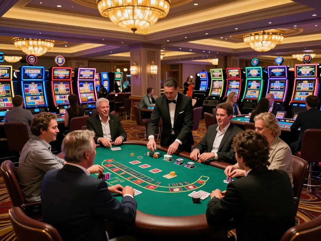 Engaged players enjoy blackjack at a vibrant casino while celebrating 79win strategies.