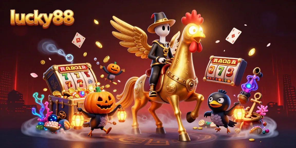 Immerse in the lucky88 casino world with a vibrant 3D illustration of characters and slot game elements.