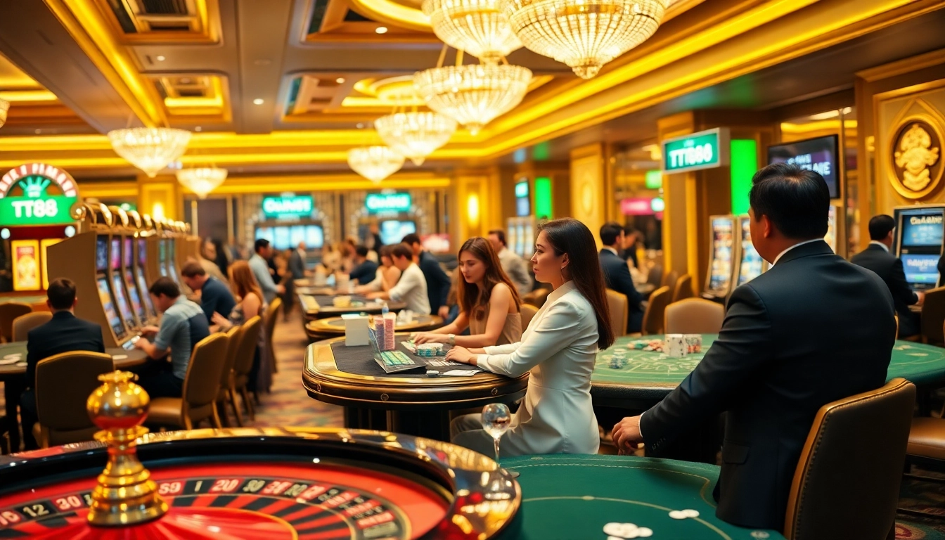 Experience excitement at TT88 casino with players enjoying slots and poker games.