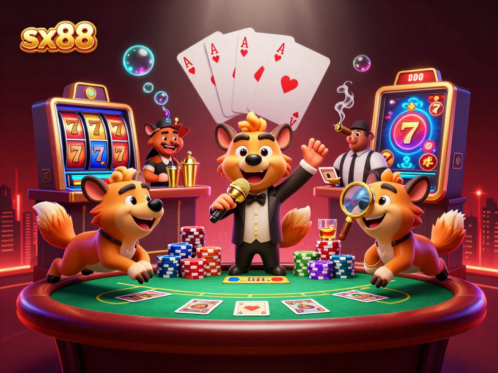 Engage with sx88’s thrilling casino atmosphere featuring lively hyenas in a vibrant illustration.