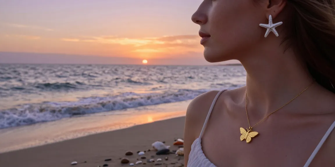 Woman wearing british handmade jewellery by the sea during sunset, showcasing elegance and natural beauty.