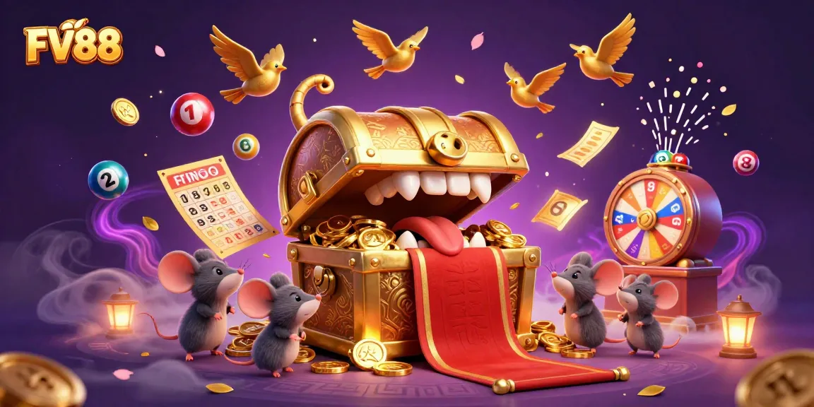 Experience the excitement of FV88 with dazzling treasures and vibrant games in a captivating illustration.