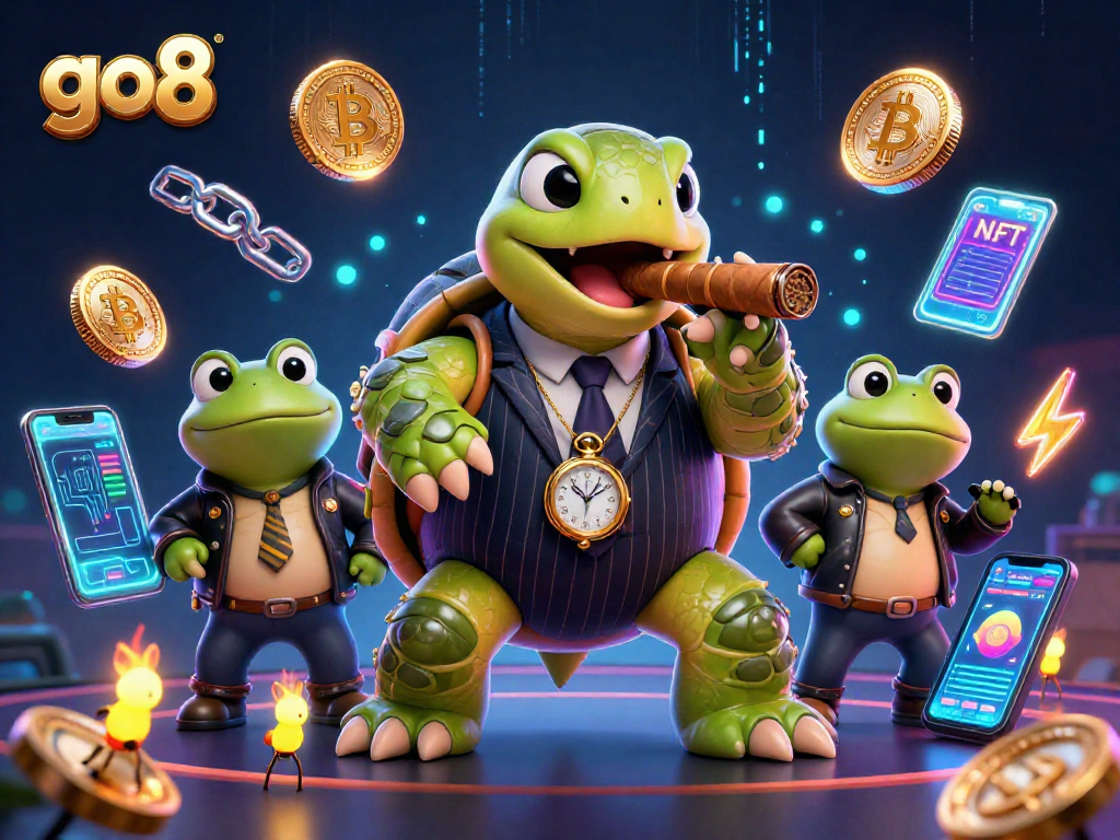 Experience excitement at go8 casino with a mobster turtle, bullfrog enforcers, and glowing crypto elements.