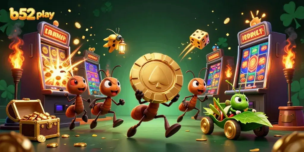 Experience the excitement of b52 play with a dynamic scene of cartoon ants on a heist amidst casino elements.