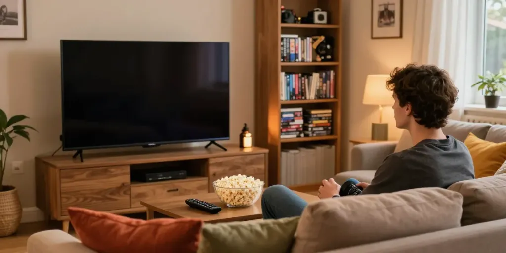 Cozy living room streaming idlix movies with popcorn and warm lights