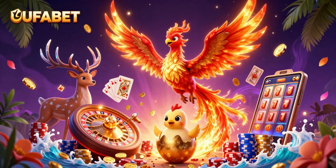 Play slots at UFABET with vibrant phoenixes, golden coins, and dazzling casino elements.