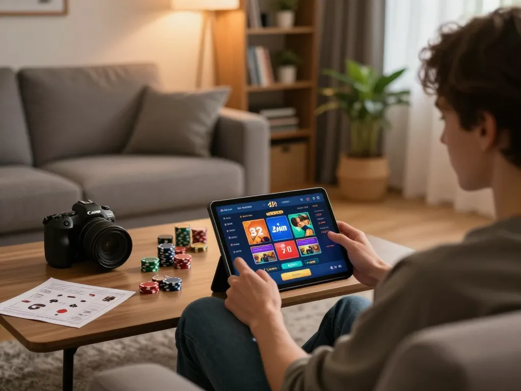 Person enjoying online gaming experience on 32win app from cozy home setting, vibrant atmosphere.