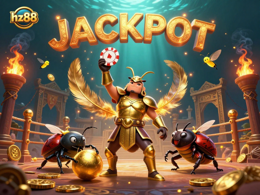 Engage with the exciting world of hz88 as the victorious hercules beetle celebrates a jackpot in a vibrant casino scene.