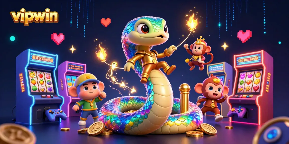 Engage in exhilarating gameplay with vipwin's vibrant casino illustration featuring a rainbow serpent and golden monkey king.