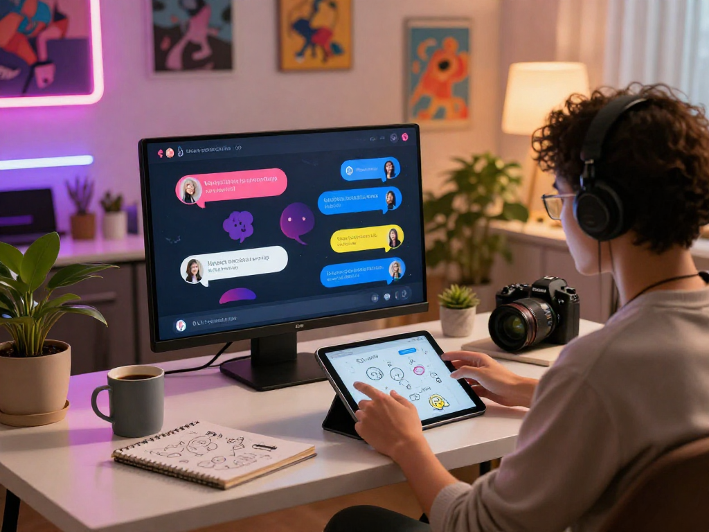 Engaging in a porn ai chat on a modern digital platform in a cozy workspace.