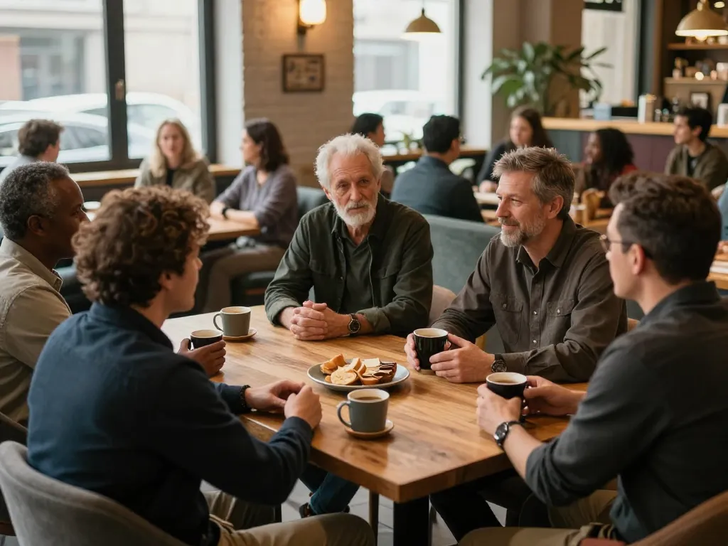 Men gathering at manclub for supportive discussions on life challenges