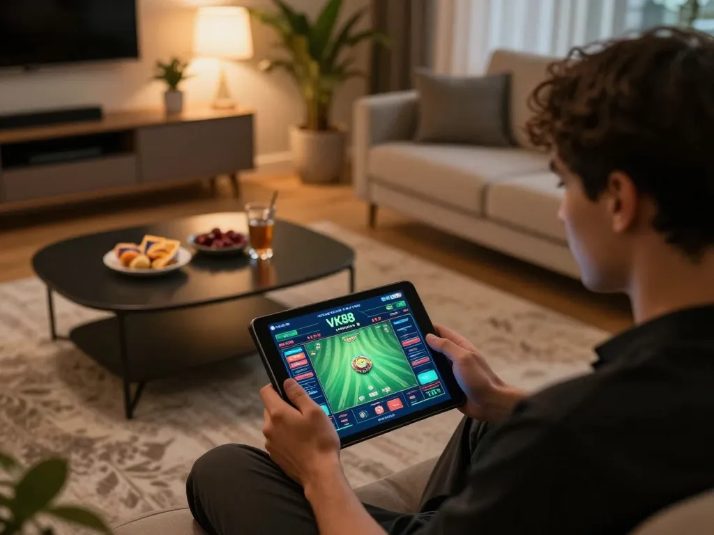 Engaging in sports betting on VK88 from a cozy home setup with a tablet and snacks