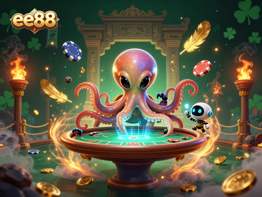 ee88 showcases an alien octopus mastering a poker game with vibrant casino elements.