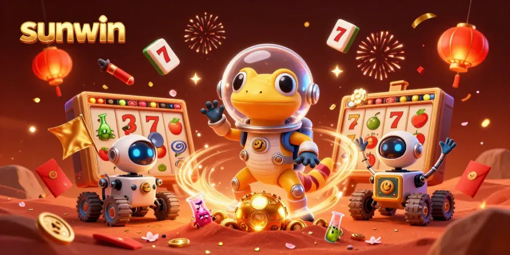 Explore the vibrant Sunwin gaming universe with Martian gecko discovering a golden casino scene.