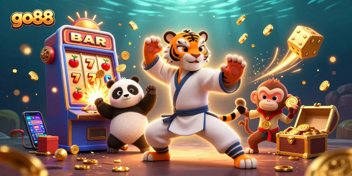 Go88's exciting slot experience illustrated with vibrant characters and casino symbols in 3D.