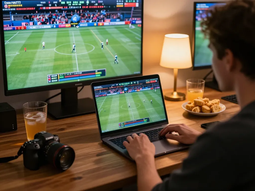 Using vin777, a person places online bets on sports games from a modern desk setup.