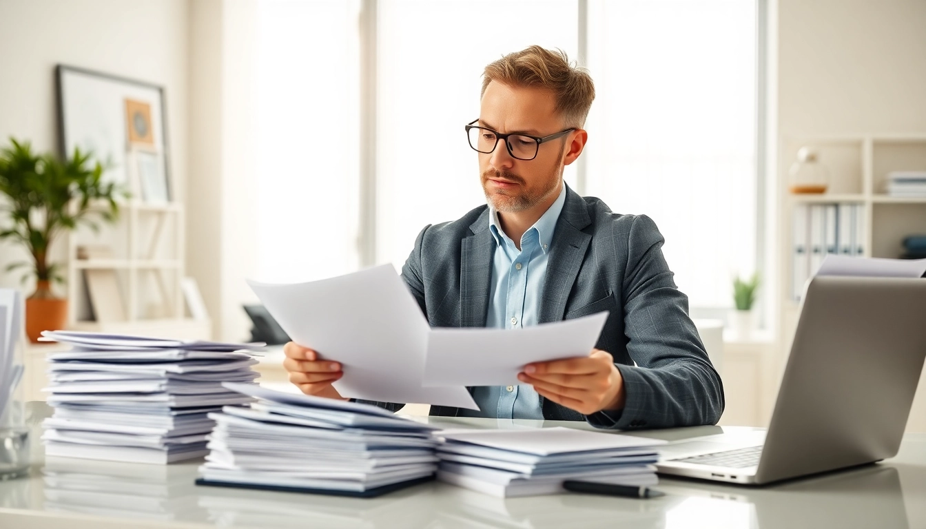 Enhance pre-post award compliance by legal consultant reviewing critical documents in a bright office.