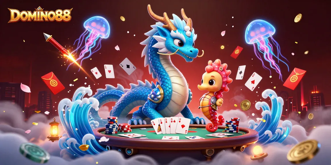 Engage in the high-stakes world of DOMINO88 with a vivid 3D illustration of poker excitement.