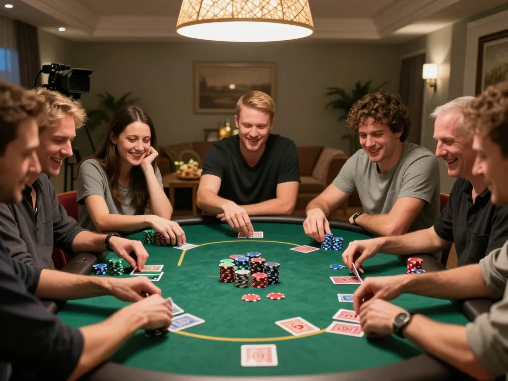 Players engaged in an exciting poker game at home with chips and cards visible on https://nk88.boo/ tabletop