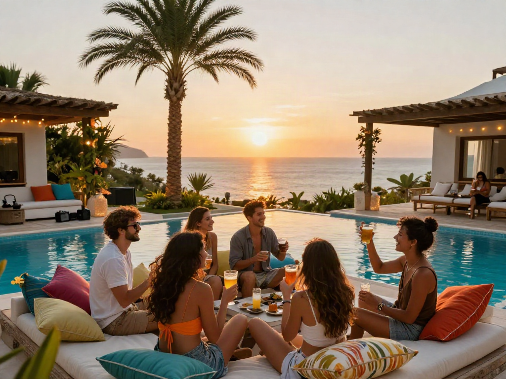 Antalya Ucuz Escort scene with friends enjoying a vibrant poolside gathering as they celebrate together at a holiday villa.