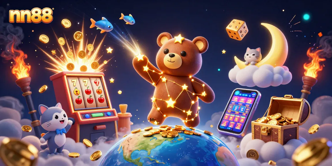 Spin for gold and riches at nn88 in this vibrant 3D casino illustration bursting with excitement.